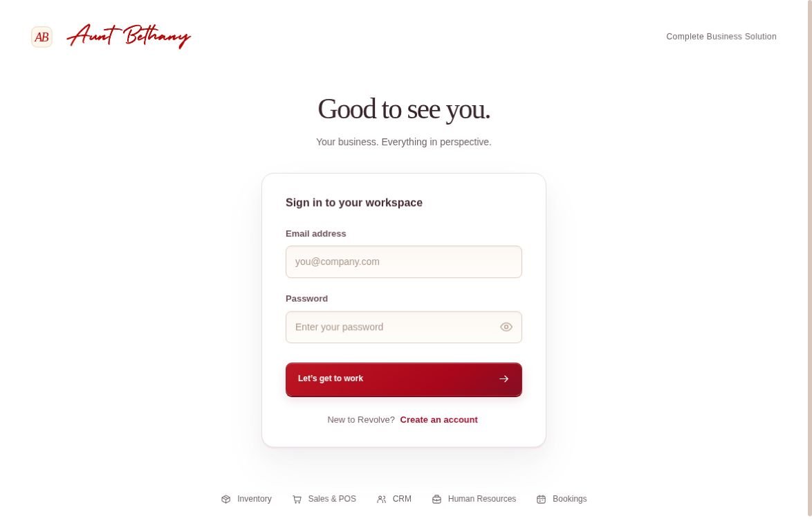 Public website preview of Aunt Bethany Business Workspace