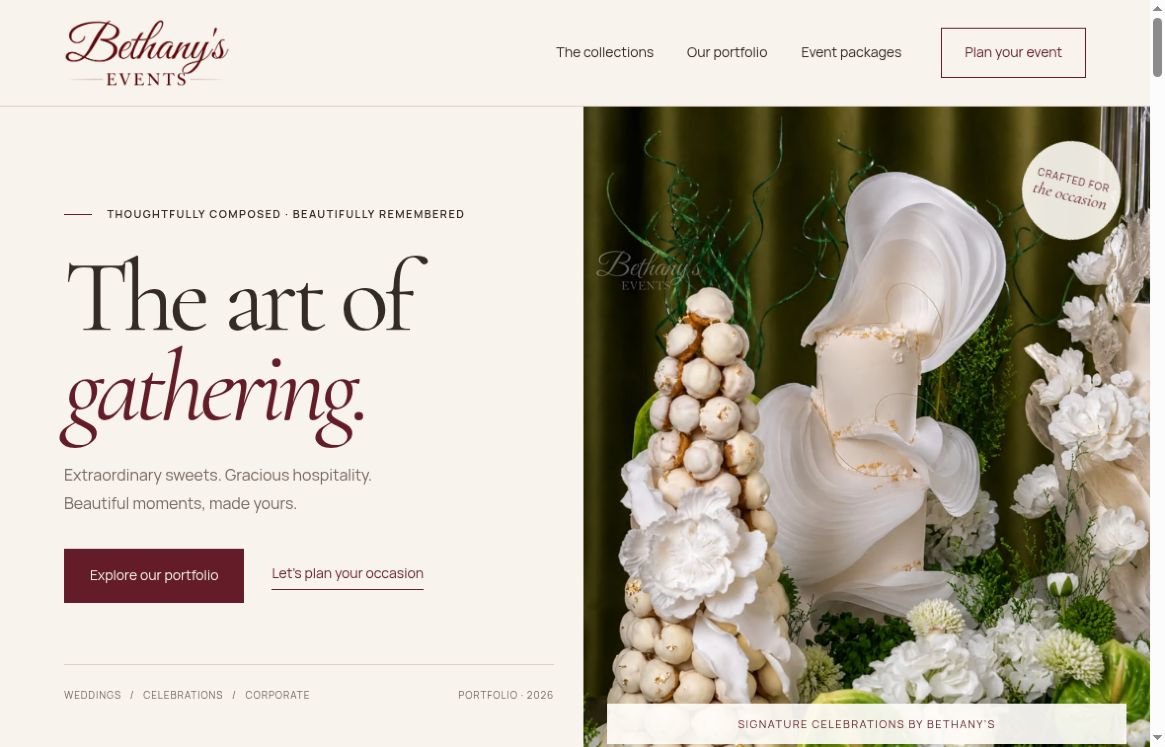 Public website preview of Bethany’s Events