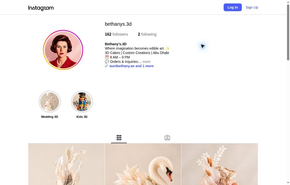 Public Instagram profile preview: Bethany’s 3D Cakes Instagram