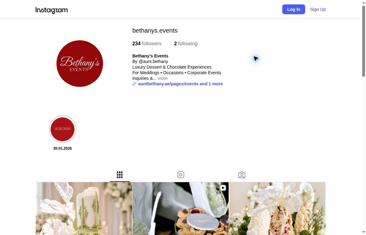 Public Instagram profile preview: Bethany’s Events Instagram